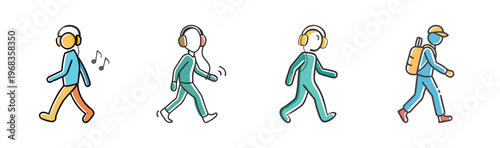 People walking with headphones, enjoying music and outdoor activity