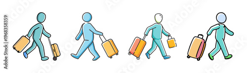 Stick figures with rolling suitcases walking, representing travel and luggage transport in a simple style.