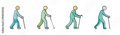 Four stylized figures walking with canes, representing mobility and assistance.