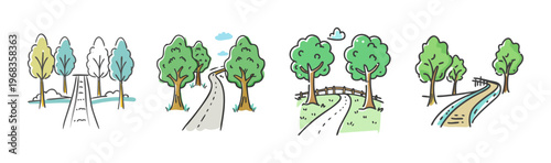 Four charming, hand-drawn park pathways with trees and varied scenery.