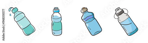 Four stylized cartoon water bottles, reusable drink containers for hydration