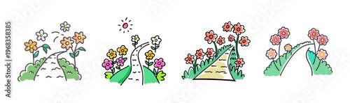 Whimsical hand-drawn path winding through colorful blooming flowers under the sun.