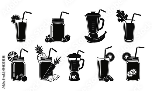 Set of Healthy Smoothie, Juice, and Blender Icons in Simple Black and White Vector Style