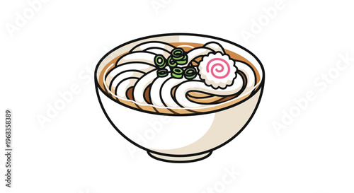 A close-up artistic depiction of a steaming bowl of udon noodles adorned with scallions and a narutomaki swirl
