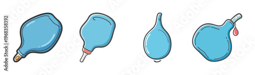 Collection of blue water bladders or enema bulbs in a simple, hand-drawn style