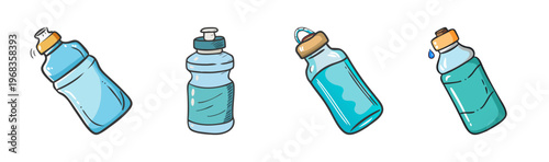 Four cartoon water bottles for hydration during outdoor activities and sports.