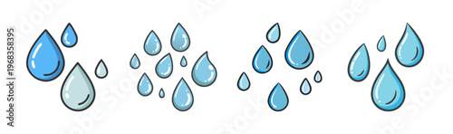 Collection of four cartoon water droplets and raindrops in various sizes and shades