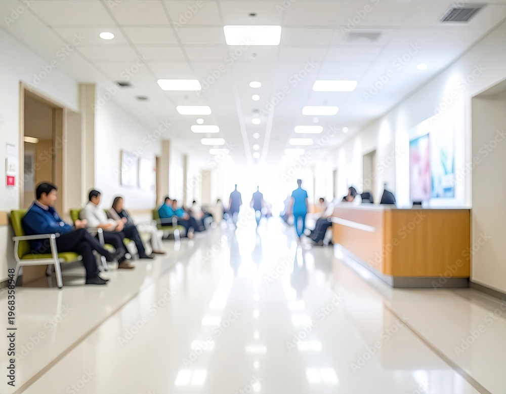 Fototapeta premium Bright hospital corridor with patients and staff walking.