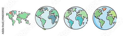 World map and globes illustration showing continents and oceans