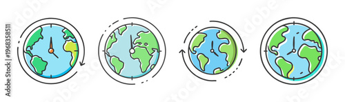 Set of four flat design icons representing world time zones and global clock.