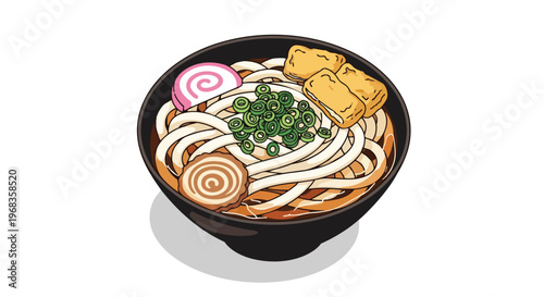 Wholesome Japanese Udon Noodle Soup Dish in a Black Bowl Illustration