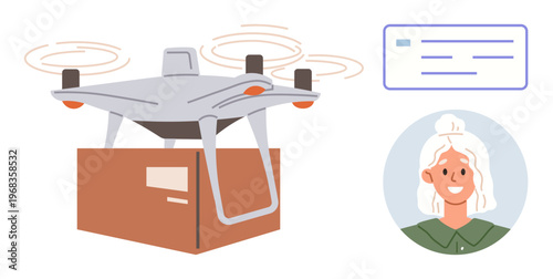 E-commerce, logistics, smart delivery, technology adoption, customer satisfaction, futuristic shopping. quadcopter carrying a package, avatar of recipient delivery data. E-commerce and logistics