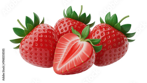 Freshly picked cluster of ripe red strawberries with green leaves attached Vector
