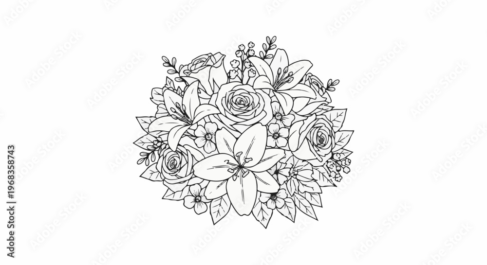 Fototapeta premium A delicate line drawing of a floral bouquet featuring roses and lilies