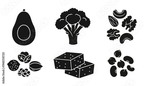 Set of Healthy Whole Food Silhouette Icons with Avocado, Broccoli, Nuts, Seeds, Tofu, and Legumes