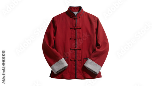 Fotografi Traditional red Chinese Tang suit jacket with knotted closures and light gray cu