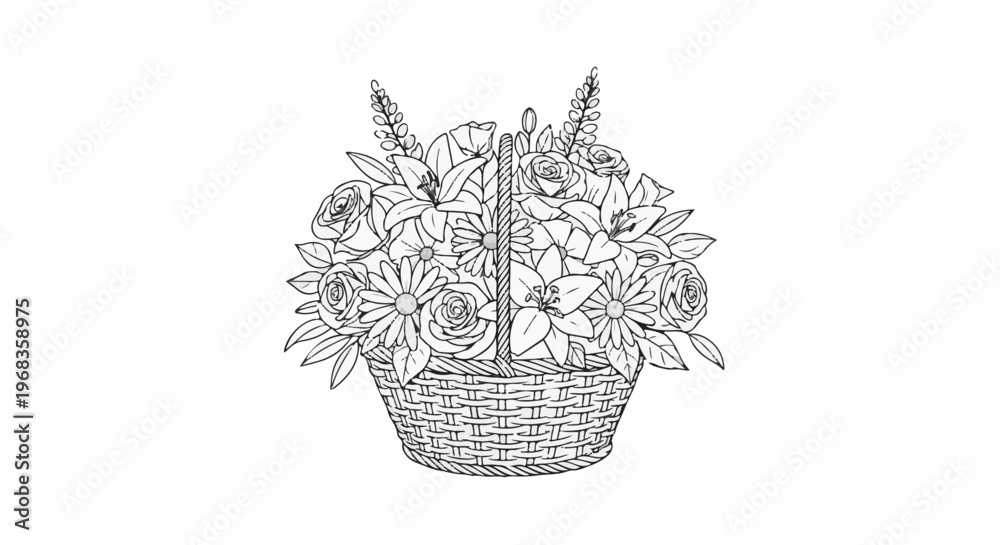 Obraz premium A black and white line drawing of a woven basket overflowing with various flowers