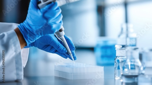 Gloved scientist using pipette to dispense samples into microplate in modern laboratory setting.