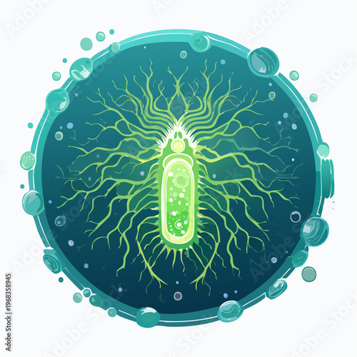 Vector illustration of a glowing green rod-shaped bacterium with branching tendrils, surrounded by a circular border of bubbles and smaller droplets against a dark blue, starry background. 