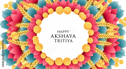 Happy Akshaya Tritiya Floral Gold Coin Greeting Design