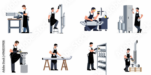 Set of professional mechanics manufacturing, repairing, and polishing car exhaust systems and mufflers in an industrial workshop environment, flat vector illustration