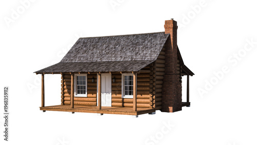 Fotografía Rustic log cabin with a small porch gable roof and brick chimney, isolated on tr