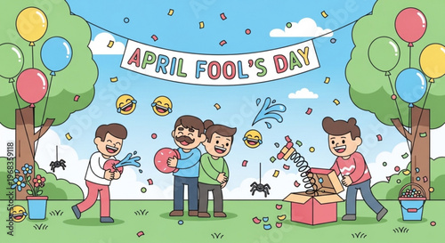 Children celebrating april fool's day with pranks and fun in a colorful outdoor setting with balloons and confetti