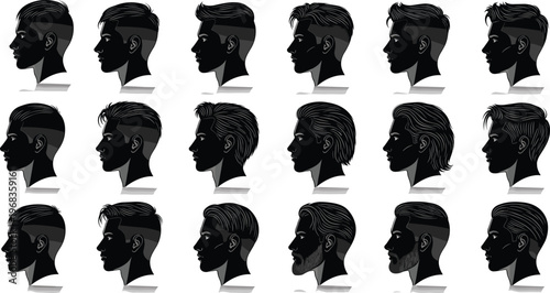 Large set of male profile silhouettes showing various modern hairstyles for men including fades undercut pompadour and bearded looks for barber shop grooming concepts
