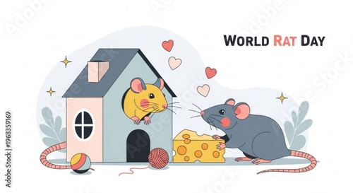 Two rats share love and cheese near cozy house on world rat day with hearts
