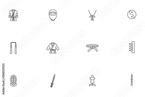 Martial arts icon set, minimalist thin line vector illustrations for karate, judo, and ninja training equipment