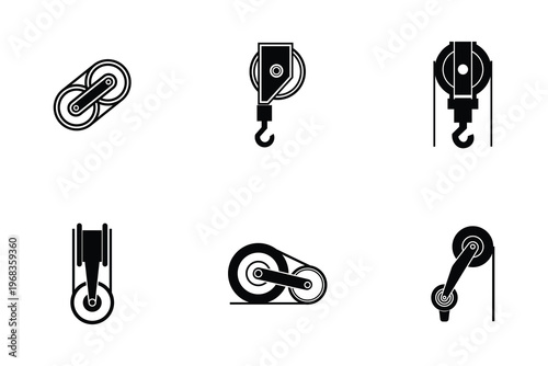 Set of pulley and crane hook icons, mechanical lifting systems and industrial belt drive illustrations