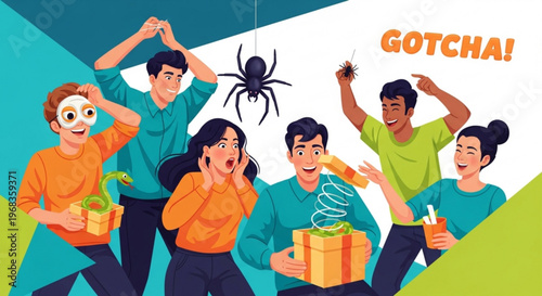 Friends celebrate surprise party with shocked expressions and a giant spider