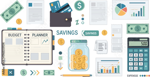 Personal Budget Planning and Savings Management Clipart Set with Calculator, Cash, Charts, Documents, and Financial Organization Elements