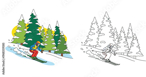  Skier skiing down snowy mountain slope with pine trees, illustration set featuring colored and black and white line art versions for coloring book and kids' winter activity