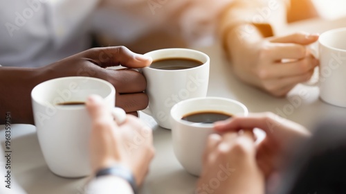Close-up of people holding white coffee cups during coffee break at cafe table