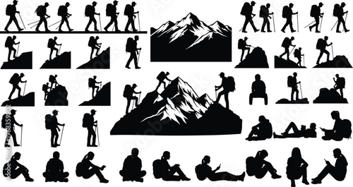 Large collection of hiking silhouettes featuring people with backpacks walking climbing mountains and resting in nature for outdoor adventure and travel design concepts