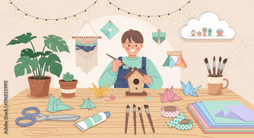 Woman painting birdhouse at craft table with plants and art supplies diy home decor concept