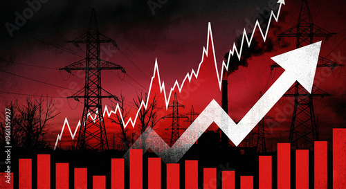 Foto Rising electricity prices graph with power grid pylon silhouettes