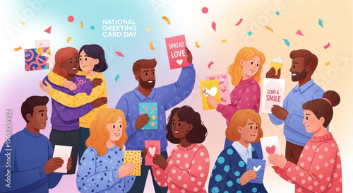 Diverse group of people celebrating national girlfriend day with love cards and gifts