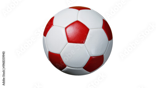 Classic red and white stitched soccer ball with prominent pentagon and hexagon panels, isolated on transparent background for sports marketing