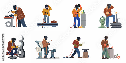 A diverse collection of professional welders using various industrial tools and techniques to work on metal projects in multiple scenes and poses.