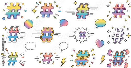 Colorful Hashtag Icon Sticker Set with Speech Bubbles, Hearts, Lightning, and Social Media Doodle Elements for Trendy Designs