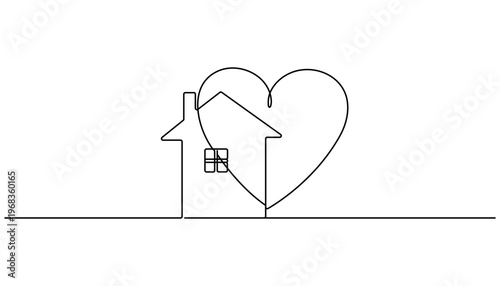 Continuous one line drawing Minimalist home, heart line art, love house, simple icon