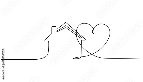 Continuous one line drawing Continuous line drawing, home and heart connection, love house symbol, real estate icon