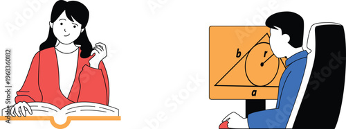 A teacher explains geometry involving a circle inscribed in a right triangle to a student attentively listening