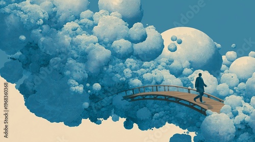 surreal man walking on bridge through floating clouds