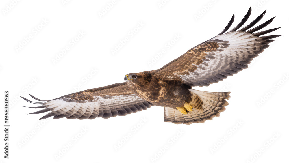 Fototapeta premium Powerful brown hawk soaring through the air with outstretched wings displaying intricate feather patterns, isolated on transparent background for wildlife designs