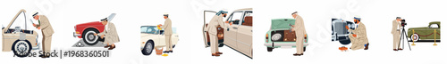Series of vintage-style illustrations featuring well-dressed men carefully maintaining and photographing a collection of classic cars in various settings.