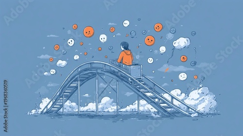 surreal rollercoaster ride with person and floating emotions