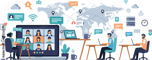 Remote Team Collaboration Illustration with Video Conference, Global Communication, Online Meeting, and Digital Workspace for Modern Business Concepts